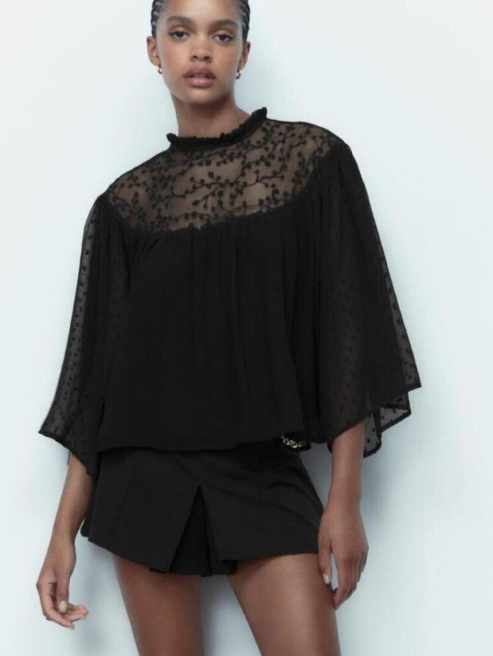 ZARA Black Embroidered Swiss Dot Cape Sleeve Blouse